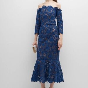 Marchesa Notte Off-The-Shoulder Lace Midi-Dress Kentucky Derby 🐎  🐎